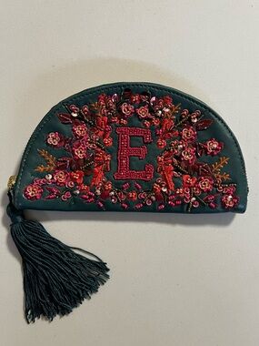Anthropologie Leather Monogram Beaded Pouch Letter “E”